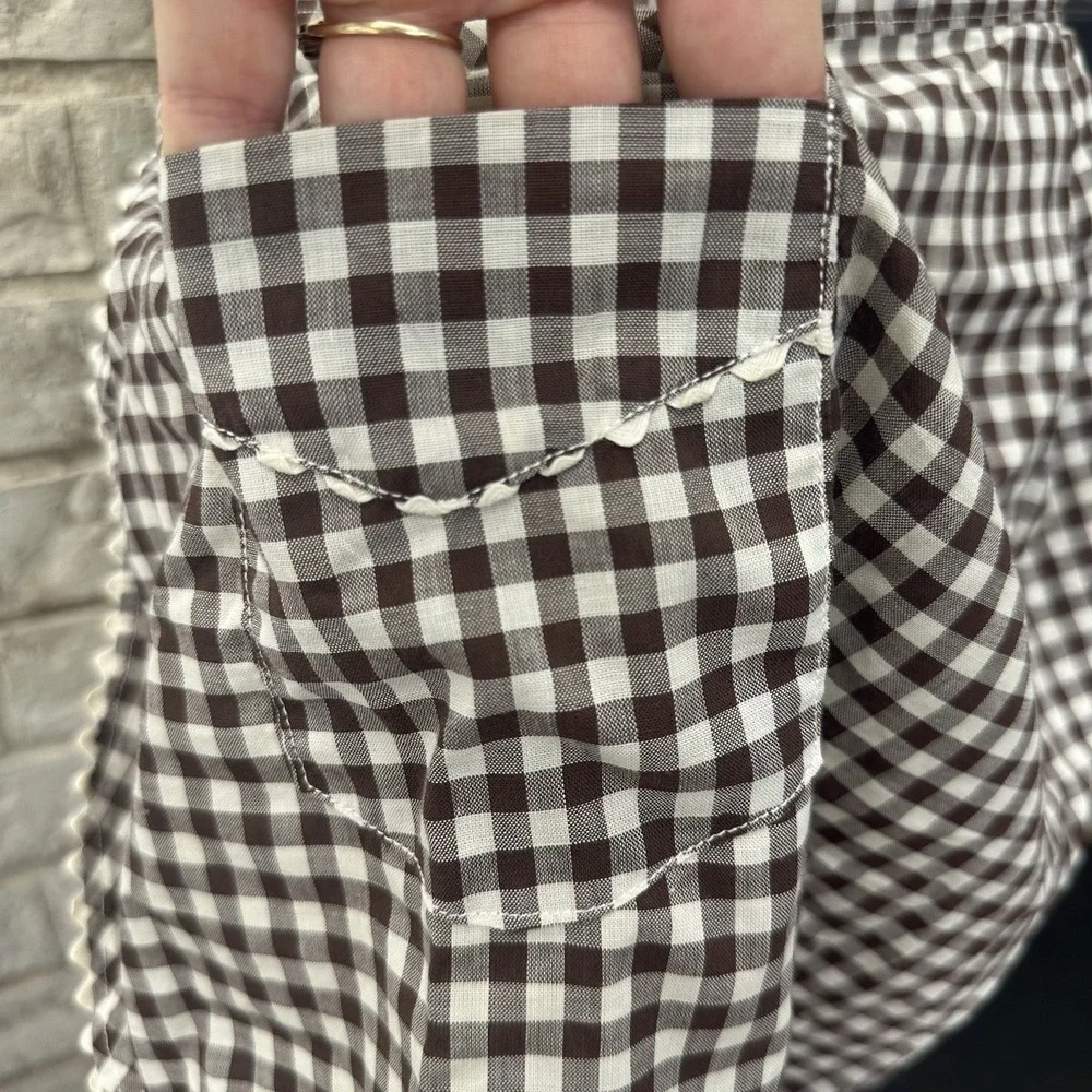 Vintage Brown Gingham Half Apron Handmade Waist Tie Back Farmhouse Ric Rac Trim